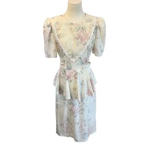 Vintage Juniors Lace Bib Floral Puff Sleeve Peplum Dress Romantic Cottagecore 7